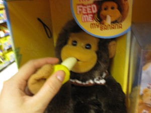 This monkey actually went "nom nom nom" when you stuck a banana in its mouth. Then it wailed hysterically when I moved it away. Spoiled brat.